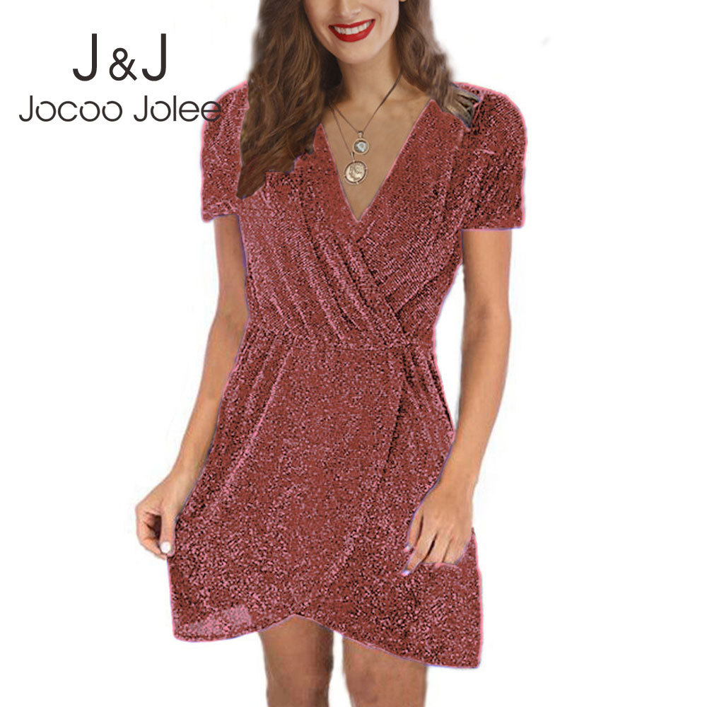 

Jocoo Jolee Sexy Elastic Waist Shiny Party Evening Short Dress Elegant Short Sleeve V Neck Sequins Mini Dress Travel Beach Dress 210518, As photo