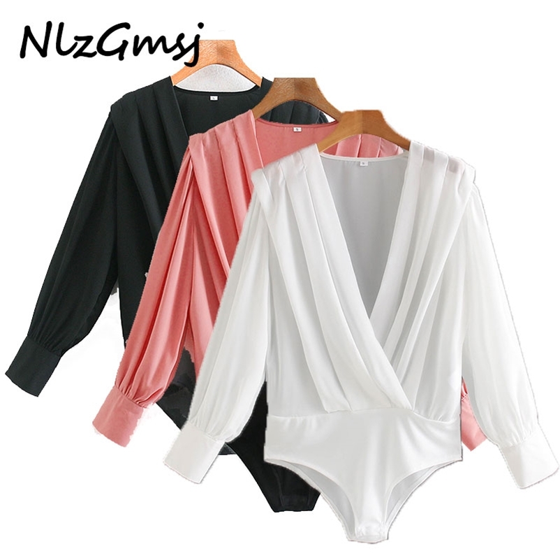 

Bodysuit Women Fashion Pleated Pink BodyShirt Sshirt Playsuit V Collar Long Sleeve Female Tops 210628, As picture