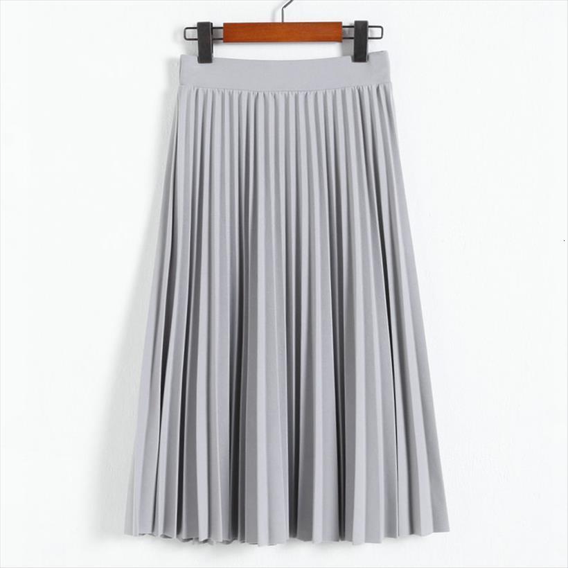 

fashion high waist pleated womens skirt solid color half length elastic lady black pink grey a line