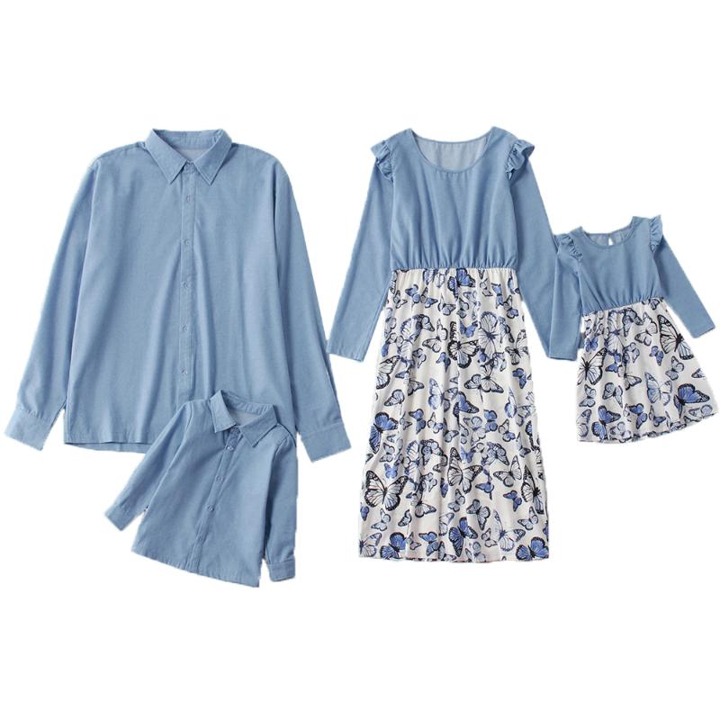 

Casual Dresses KOENVE Spring And Autumn Parent-Child Dresses, Men'S Shirts, Women'S Long Skirts, Family Suits, Fashion Printed Sleeves, Black;gray