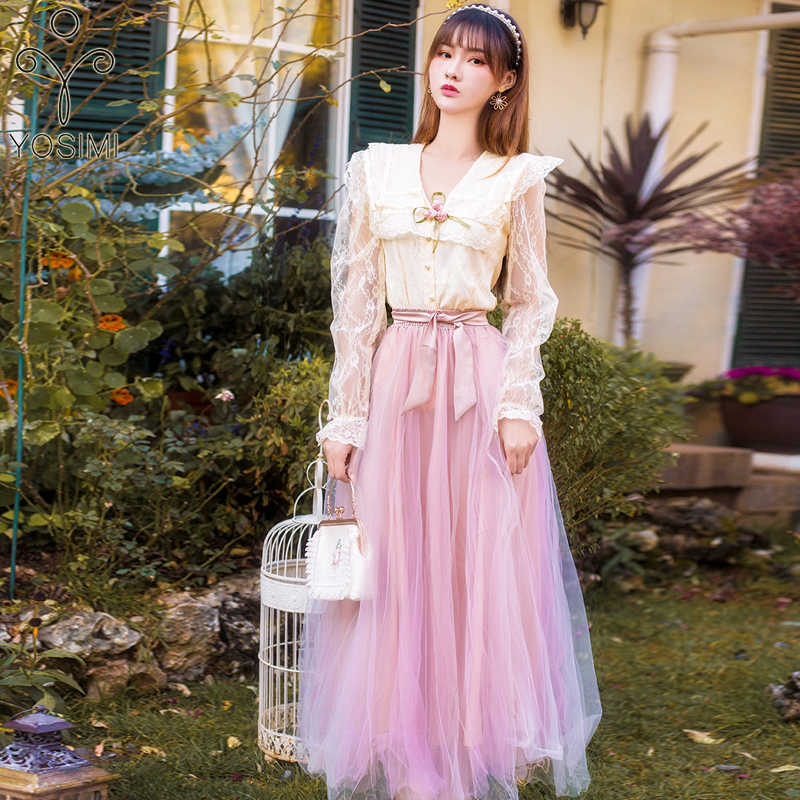 

YOSIMI Spring Two Piece Set Dress Vintage Full Sleeve Beige Lace Shirt and Long Mesh Pink Skirt Sweet Girl Set 210604