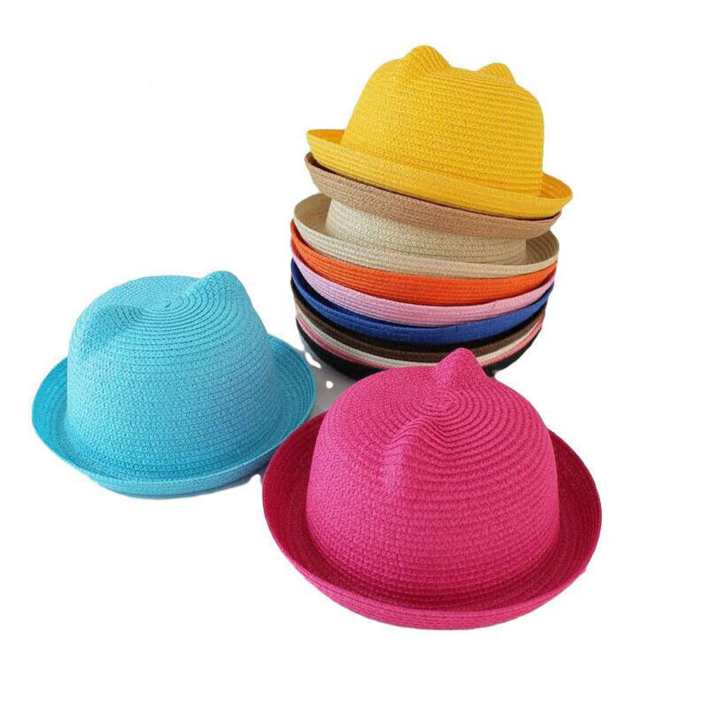 

children's cartoon straw hat versatile summer men's and women's cute cat ear sun parent child, Yellow