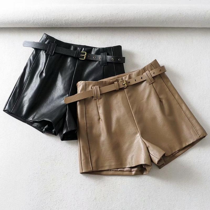 

Women' Shorts Women Stylish PU Leather Black Side Zipper Belt Design Female Casual Chic Solid Pantalones Cortos