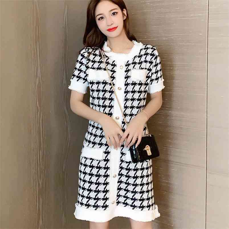 

Women Elegant Plaid Houndstooth Knitted Dress Summer Fashion Retro Casual Knit Bodycon Mini 210519, Photo color