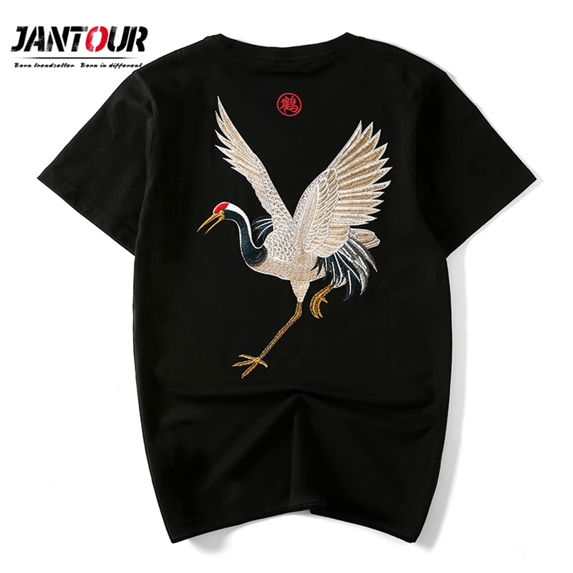 

Chinese Style Soft Cotton Men's Crane Embroidery T-shirt O-Neck Short Sleeve T shirt Men casual t-shirts Summer Tshirts Top 210707, White