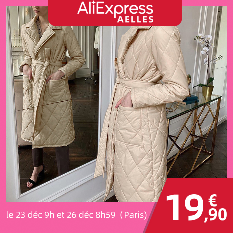 

Simplee Long straight winter coat with rhombus pattern Casual sashes women parkas Deep poets tailored collar stylish outerwear, Color 8