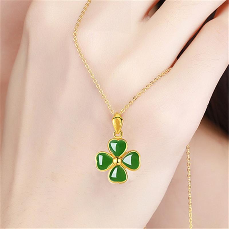 

Fashion Gold Plated Pendant For Necklace Clover With Green Jade Women Party Mother Gift Girlfriend Jewelry JDZ696 Necklaces