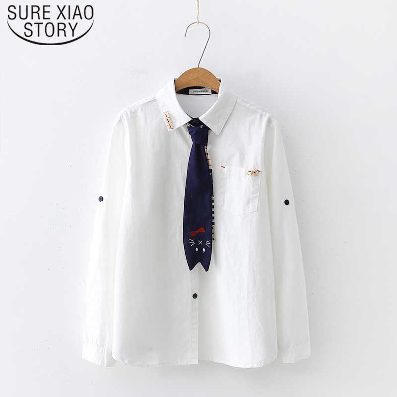 

Cotton Fashion Long Sleeve Shirts Spring White Women Blouses Cartoon Tie Leisure Preppy Ladies Tops Plus Size 7439 50 210527