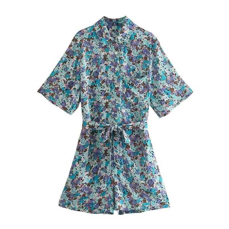 

Fashion Floral Short Sleeve Playsuits Women Summer Turn Down Collar Printed Rompers Vintage Wide Leg Jumpsuits Shorts With Sash 210525, Green
