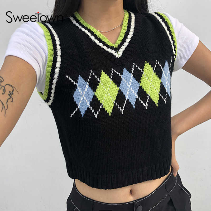 

Sweetown Argyle Plaid Knitted Tank Top Female Streetwear Preppy Style Y2K Clothes Stripe VNeck Cropped Knitwear 90s Sweater Vest 210607, As picture