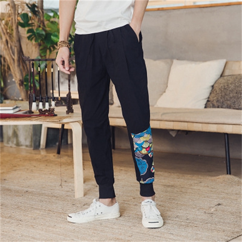 

pants trousers summer leisure in 2021 men's cotton and linen capris trend small leg, Black