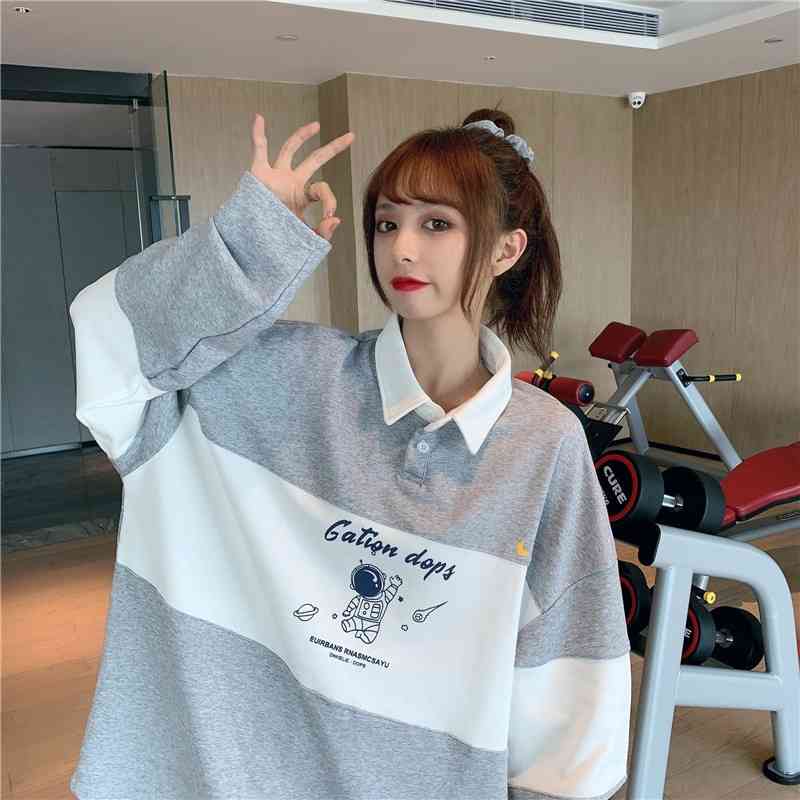 

2021 spring new astronaut polo collar sleeve T-shirt Korean loose medium long Harajuku women's sweater, Gray