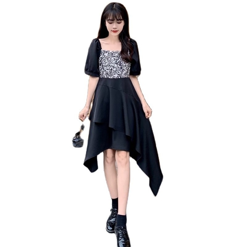

S-4XL fashion women's dress summer style square collar irregular stitching design plus size 210520, Black