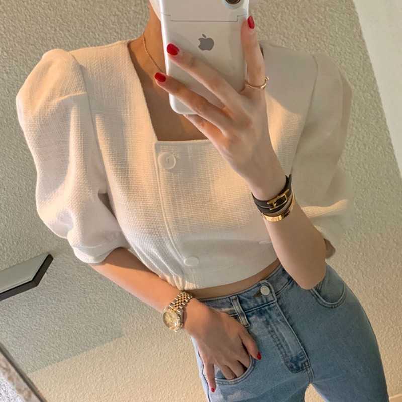 

Korea Fashion Elegant Square Collar Blouses Vintage Double Breasted Puff Sleeve Female Shirts Blusas Chic Tops 210526, White