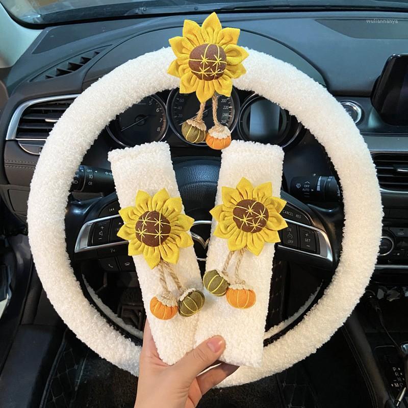

Steering Wheel Covers Cute Sunflower Universal Car Cover With Soft Plush Auto Seatbelt Set Imitate Lamb Wool Wheels Cases