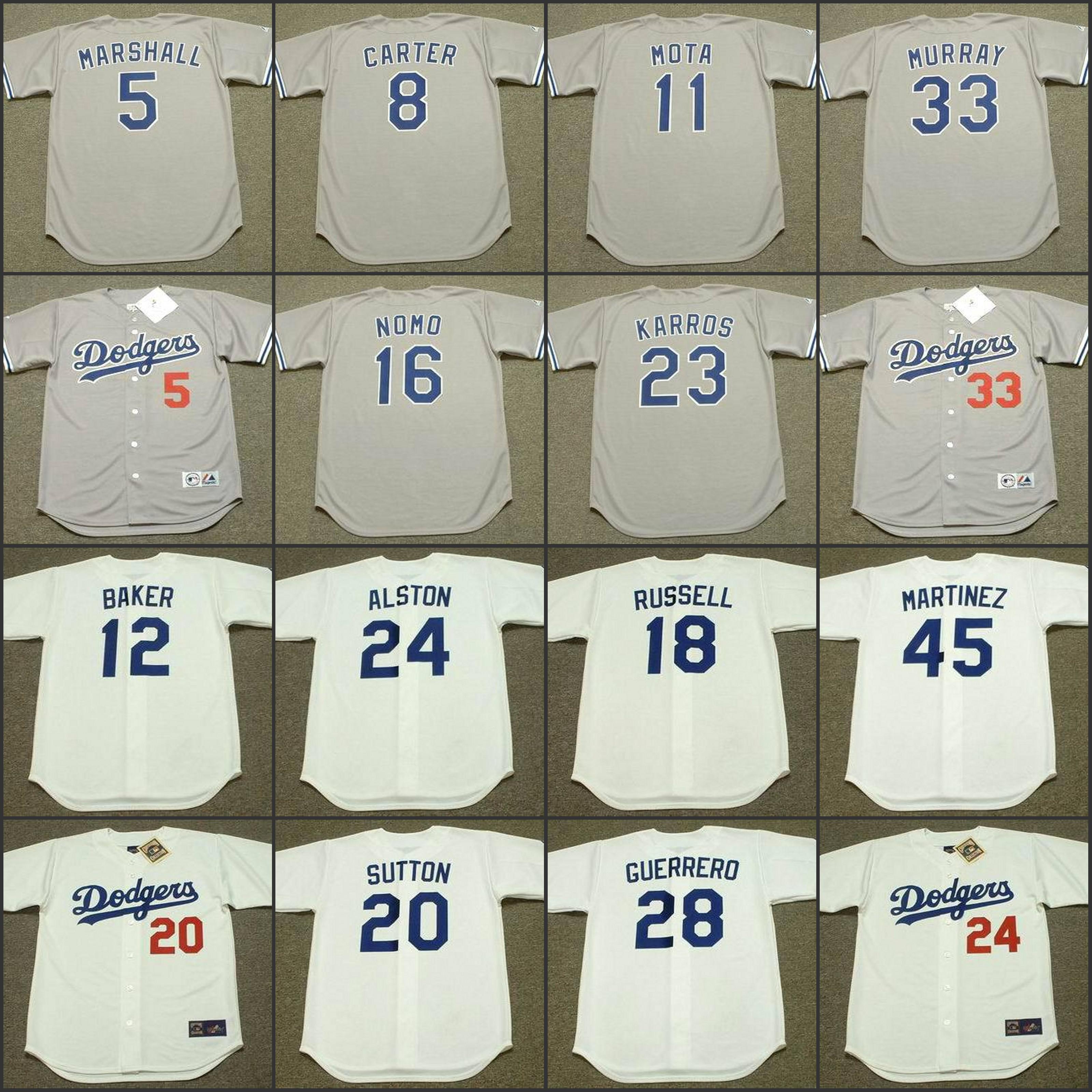 

Los Angeles 18 RUSSELL 12 DUSTY BAKER 20 DON SUTTON 24 WALTER ALSTON 28 PEDRO GUERRERO 45 PEDRO MARTINEZ Throwback Baseball Jersey, Black