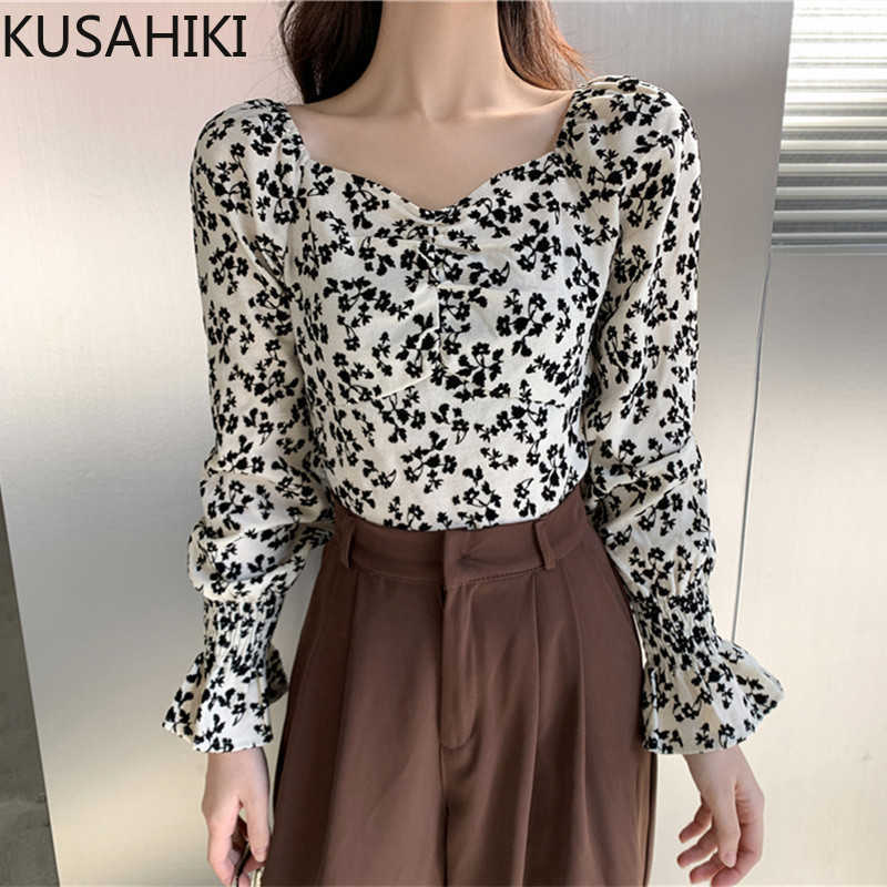 

KUSAHIKI Puff Sleeve Square Collar Blouse Tops Women Sprign Shirt Korean Floral Elegant Slim Short Blusas Femme 6F151 210602, Yellow