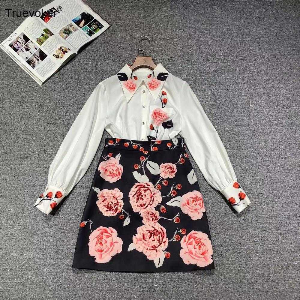 

Truevoker Designer Sets Suit's Full Sleeve Printed Blouses + Beading Skirt Party Two Pieces 210602, White