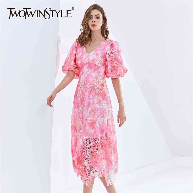 

Elegant Pink Dress For Women V Neck Puff Sleeve High Waist Irregular Hem Hollow Out Dresses Female Fashion 210520