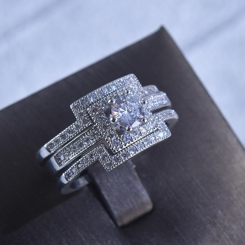 

Cluster Rings Three Pieces Wedding Set 18K White Gold Ring For Women Square Anillos De Bizuteria With Diamond Gemstone 18 K Jewelry, Golden;silver