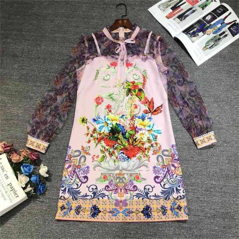 

Truevoker Runway Fashion Designer Mujer Festa Vestido Lady Long Sleeve Multi Flower Print Women Luxury Dress 210602