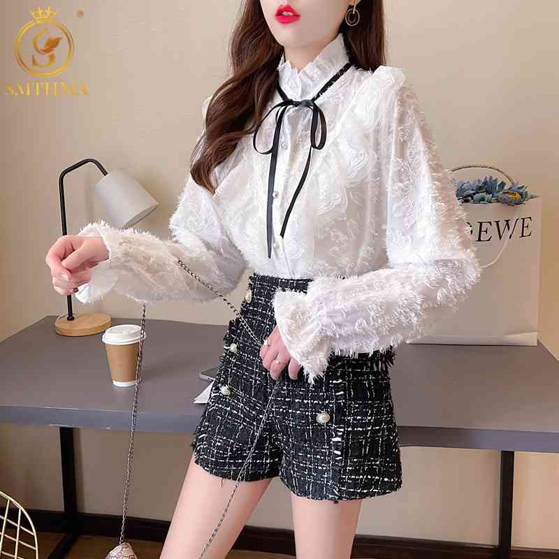 

Spring Ladies Temperament Long Sleeve Tassels Bow Shirt Two Pieces Set +High Waist Plaid Wide-Leg Shorts Suit 210520, Picture color