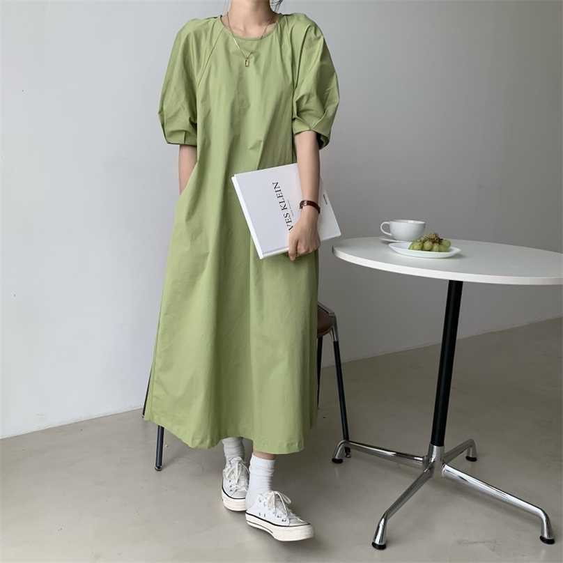 

Elegant O-Neck Loose Office Lady Solid Streetwear Puff Sleeve Retro Summer Lazy Long Dresses Vestidos 210525, Apricot