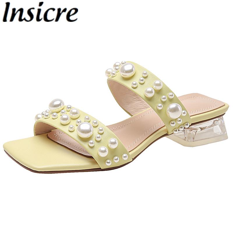 

Insicre 2021 Summer Fashion Pearl Transparent Low Heel Slippers Women Slides Outdoor Flip Flops Slip On Gladiator Sandals, Black