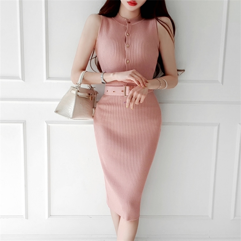 

knitted Korea Party Dresses for women Summer Sleeveless Stand Sexy Fashion Ladies Pink Club formal 210602