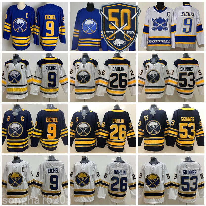 

Man Buffalo Sabres 9 Jack Eichel Jersey Hockey 26 Rasmus Dahlin 53 Jeff Skinner Blank Reverse Retro 50TH Anniversary Royal Navy Blue White nhl's Jerseys
