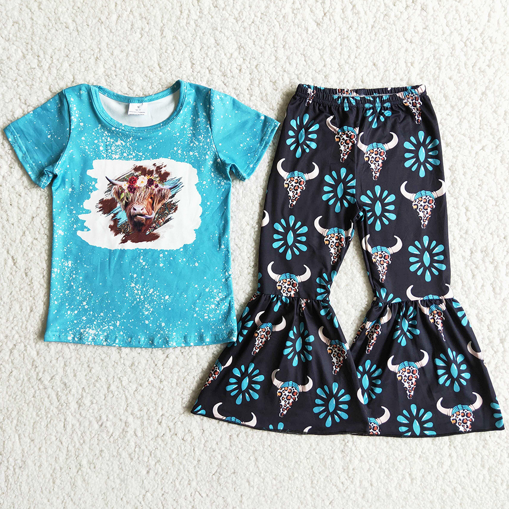 

Fashion Kids Designer Clothes Girl Sets Spring Summer Bell Bottom Outfits Cow Print Boutique Girls Clothing Short Sleeve Toddler Baby Outfit Wholesale kid Set, Multi