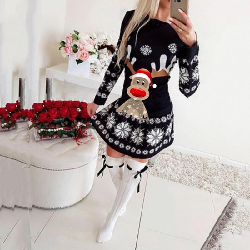 

Casual Dresses Women' Christmas Long-sleeved Round Neck Printed Snowflake Party Plus Size Women Clothing Vestido, Black