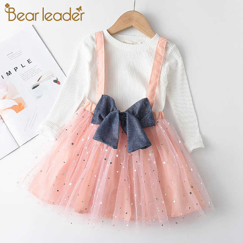 

Bear Leader Girls Suspender Party Dress Autumn Children Casual Costumes Kids Bow-knot Vestidos Fashion Baby Outfit 3-7Y 210708, Pink az1808