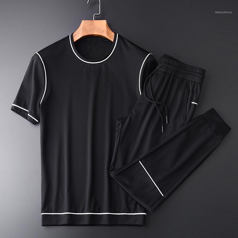 

Men's Tracksuits Short Sleeve Men Sets (t-shirt+pants) Luxury Silky Mercerization Fabric Casual Sport Man Set Plus Size 4xl Summer, Black tzt19117