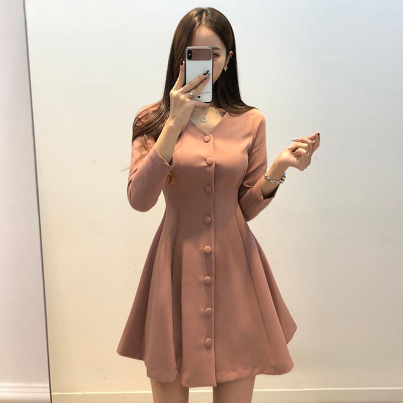 

Casual Dresses Slim A Line V Puff Long Sleeve Single Breasted Red Dress Mini Party Elegant Vestido Retro Black Pink Wild Autumn Ruched Ball, Black;gray