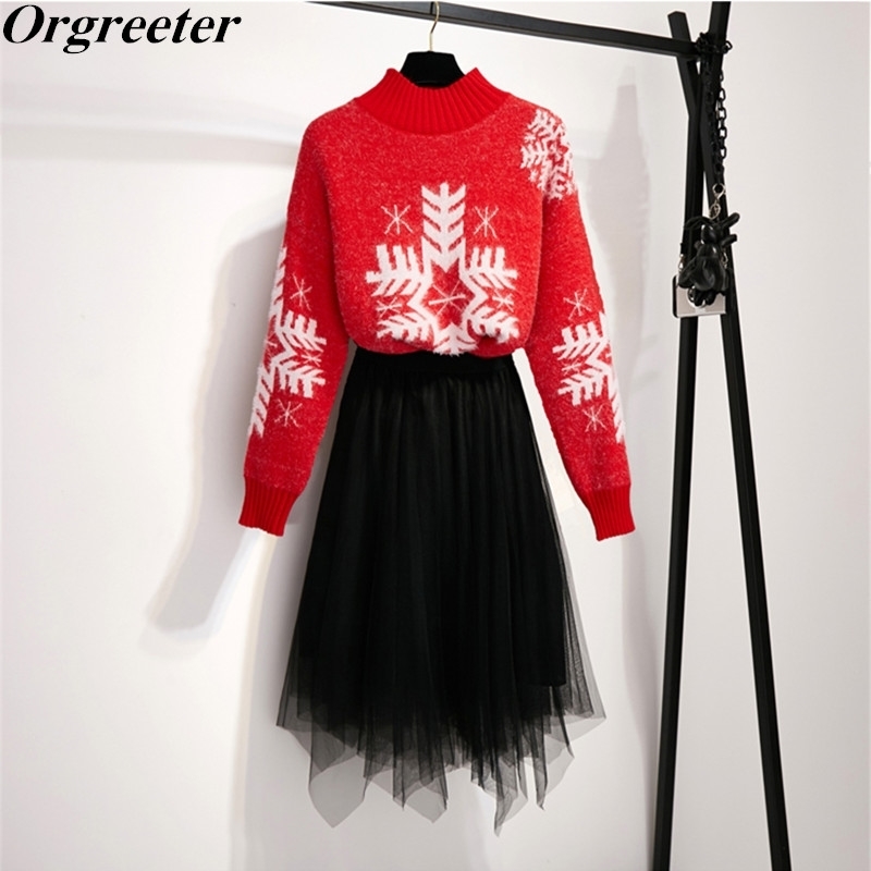 

Christmas themed Red Snowflake jacquard Sweater Sets Women Warm Thick Knitted Pullover Tops and Long Mesh Skirts 2 Piece sets 210525, Only skirts