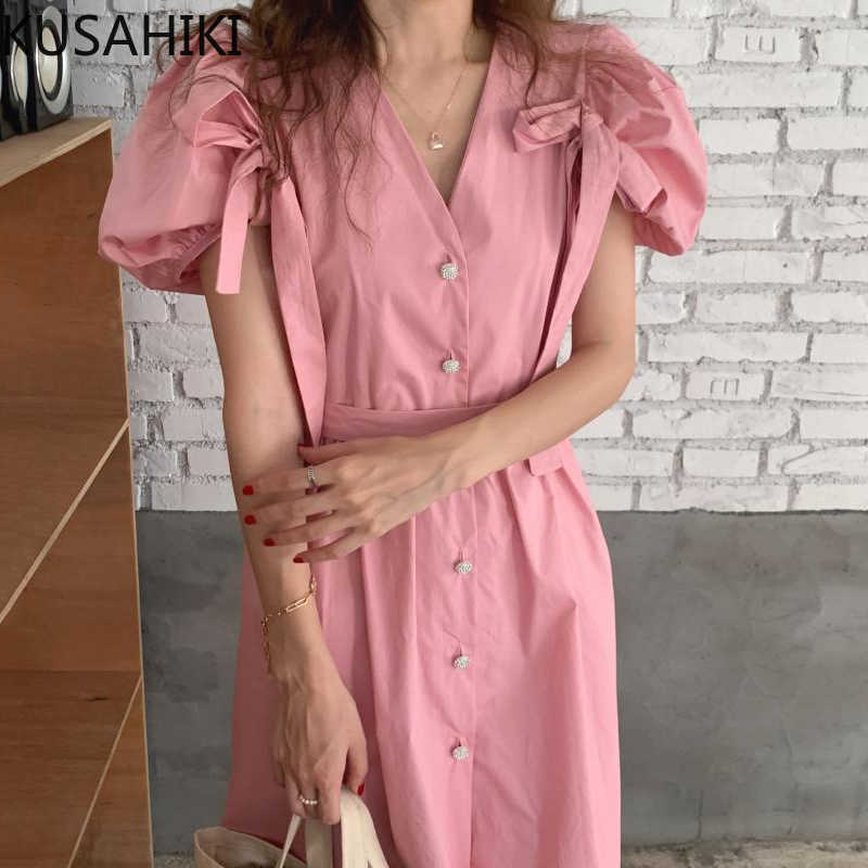 

Woman Dress Bow Tie Puff Sleeve Sweet V-neck Vestidos Femme Summer Single Breasted Korean Dresses 6G903 210603, Pink
