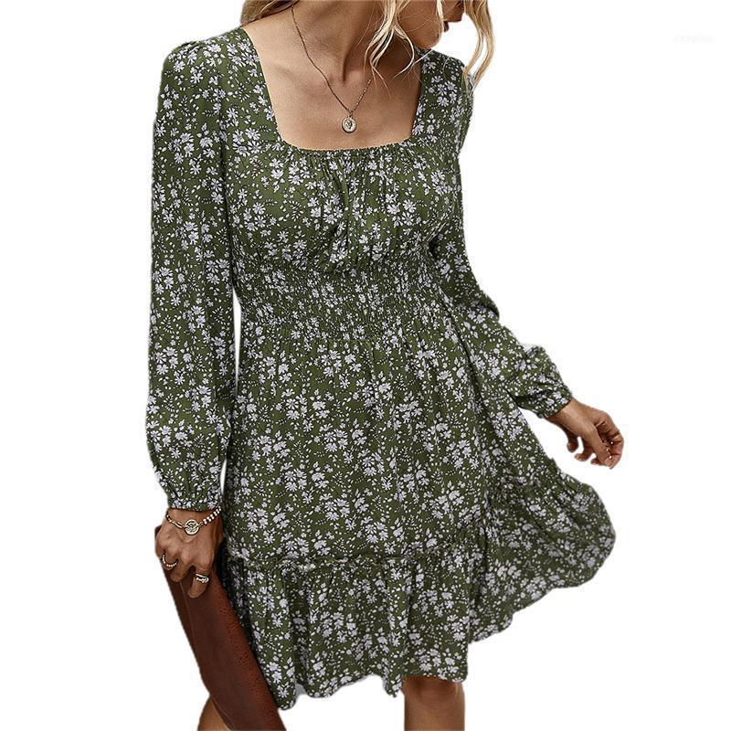 

Vintage Elegant Square Neck Print Dress Women Long Sleeve A Line Slim Waistline Reformation Holiday Beach Bohemian Dress1, As photo shows