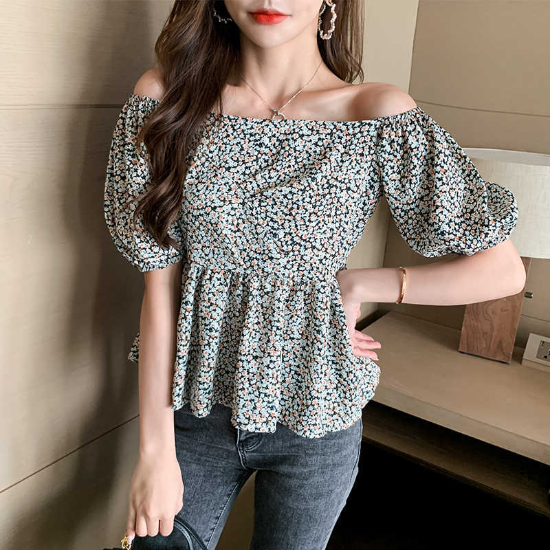 

Chiffon Shirt Women' Short-sleeved Loose Floral Top Asymmetrical Felmale Tops Slash Neck Puff Sleeve Print Blouses for Women 210604, Apricot