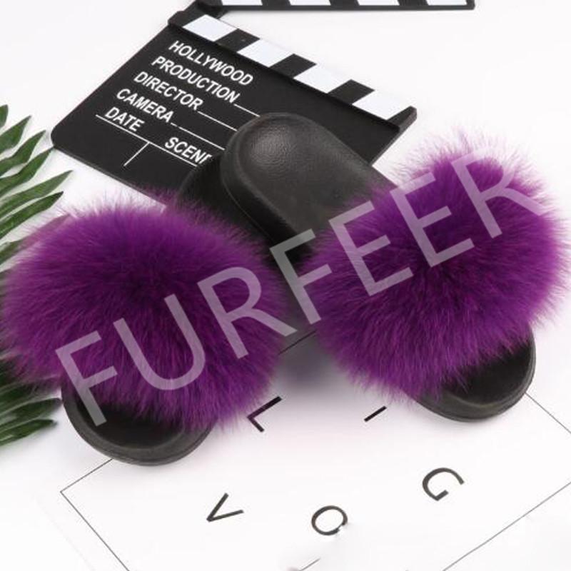 

Slippers Women's Summer Real Fur Sandals Women Slides Indoor Warm Fluffy Plush Female Cute Stripe Furry Flip Flops Shoes, Black