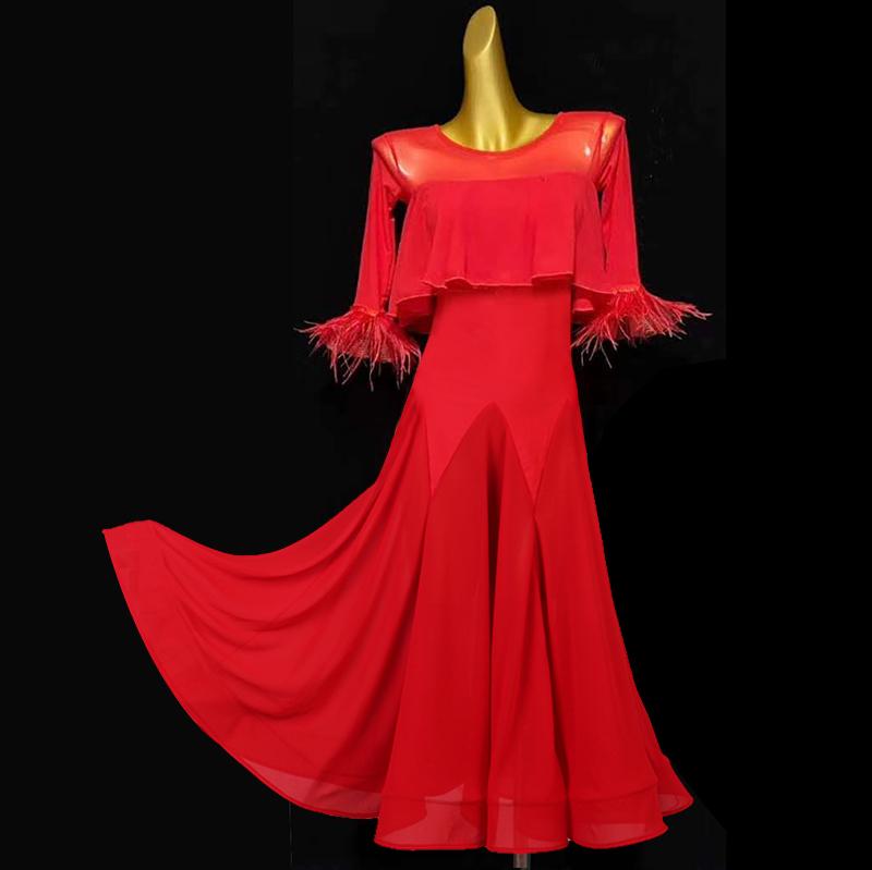 

Stage Wear Ballroom Dress Standard American Smooth Waltz Tango Dresses Feather Gown Mq239, Black;red