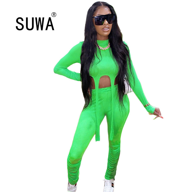 

Autumn Winter Two 2 Piece Sets Long Sleeve Crop Tops Skinny Pants Sportsuits Bodycon Outfits Women Sexy Tracksuits 210525, Green