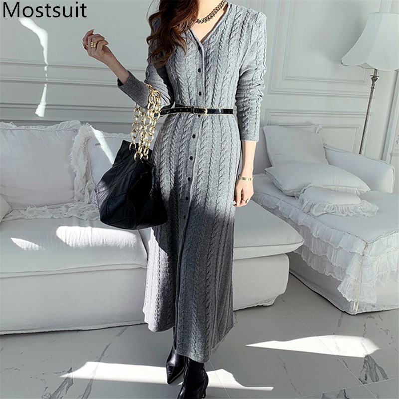 

Single-breasted V-neck Knitted Women Long Dress Spring Full Sleeve Belted Korean Fashion Elegant Vintage Dresses Vestidos 210518, Grey with belt