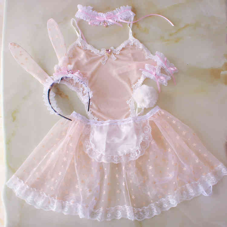 

Cute Women Pink Maid Transparent Exotic Set Kawaii Cosplay Rabbit Ears Tail Necklace Apron Bunny Girl Sexy Costumes, Black;white