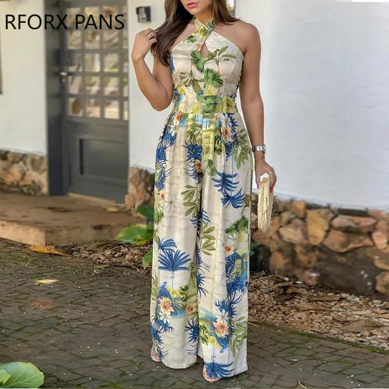 

Crisscross Halter Tropical Print Jumpsuits, White