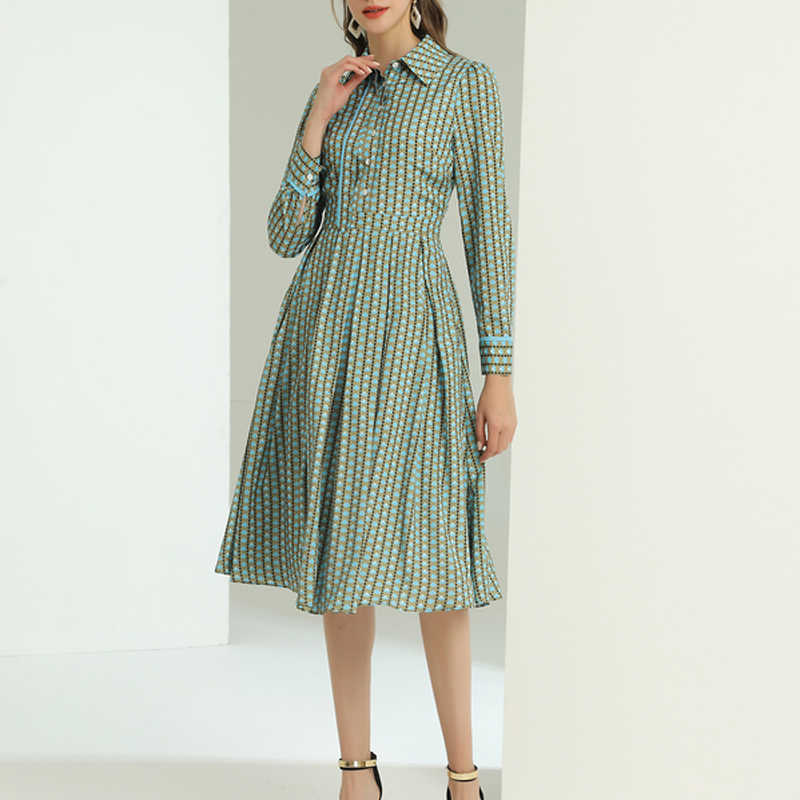 

High QUALITY est Designer Women's Elegant Turn-Down Collar Long Sleeve Retro Geometry Printed Shirt Dress 210526, Sky blue