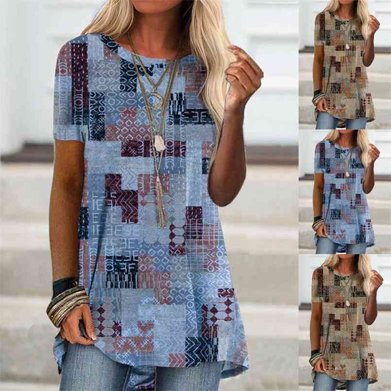 

Fashion Women Tops Short-sleeved Digital Printing T-shirt Summer Casual Round Neck Loose Ladies' Tshirts Pour Femme 210708, Blue