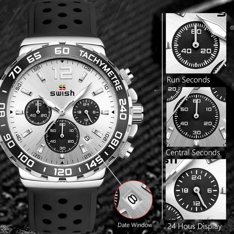 

Wristwatches SWISH Waterproof Mens Watches Silicone Top Sports Chronograph Big Dial Quartz Watch Men Relogio Masculino, 5204black
