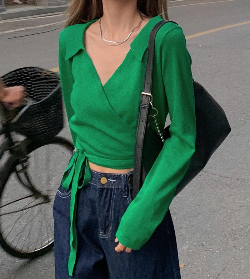

Women's Blouses & Shirts Fashion Lapel French Retro V-neck Long-sleeved Slim-fit Shirt Tops With Straps High-waist Waist Knit Sweater Croppe, Green