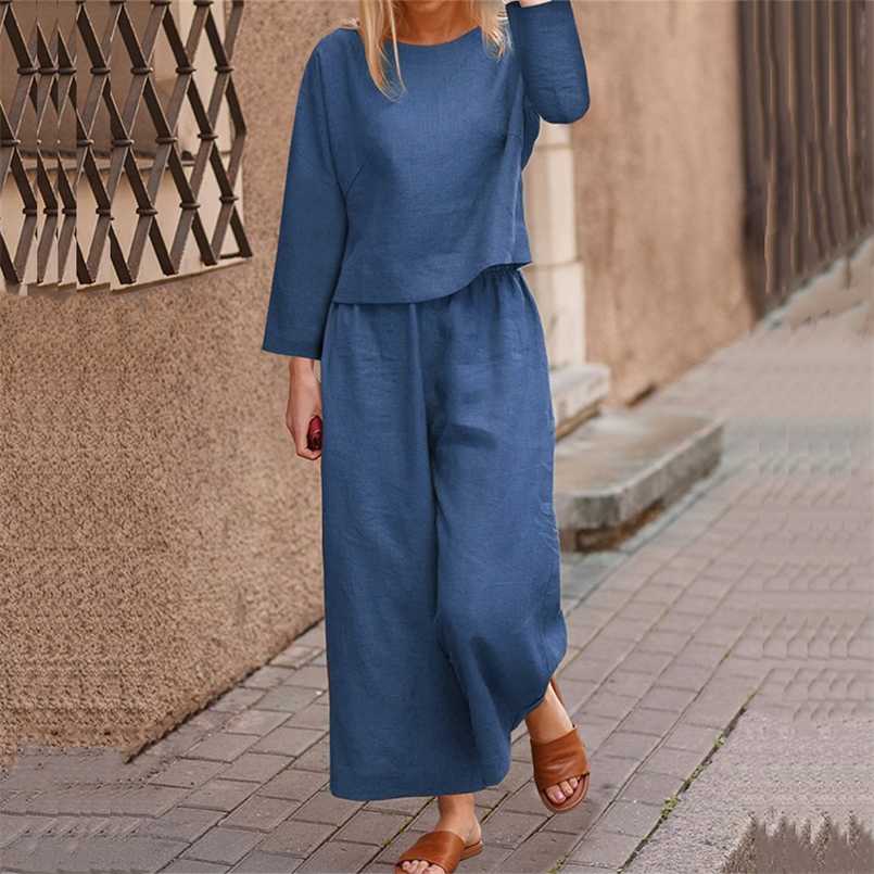 

Women Solid Cotton Linen Two Piece Sets Casual O Neck Top + Wide Leg Pants Suits Autumn Office Lady Elegant Long Sleeve Outfits 211109, 04 orange